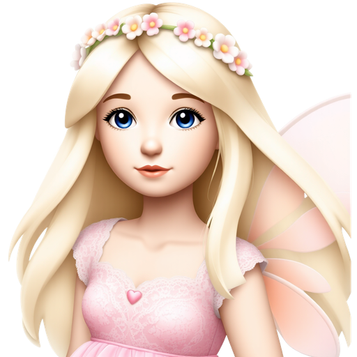 A pastel fairy with flowing, silky blonde ombre hair adorned with tiny flower crowns. Her enchanting big blue eyes sparkle like sapphires, framed by soft, iridescent lashes. She wears a flowing pastel pink dress decorated with lace, and delicate pastel wings shimmer like a dreamy sunset. ✨🦋🌸