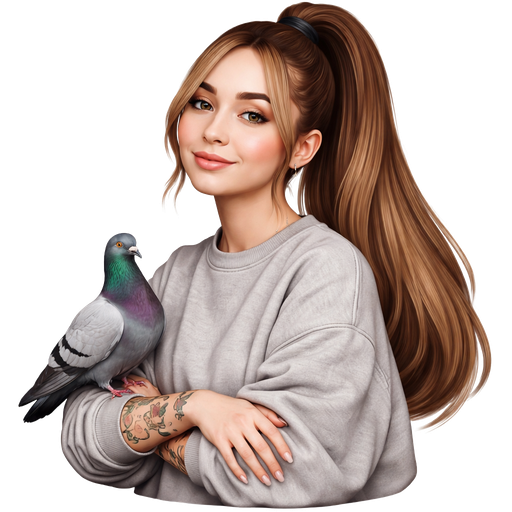Monalisa with Sabrina carpenters face and She has a pigeon on her arm with an Ariana grandes ponytail and tattos