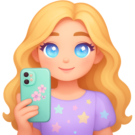 Pastel-hued woman with flowing golden locks, sparkling oversized azure eyes twinkling like dreamy clouds, dressed in a soft lavender dress with whimsical pastel stars. She's holding a mint green iPhone adorned with delicate cherry blossom stickers, radiating a trendy, ethereal vibe in a candy-colored landscape.
