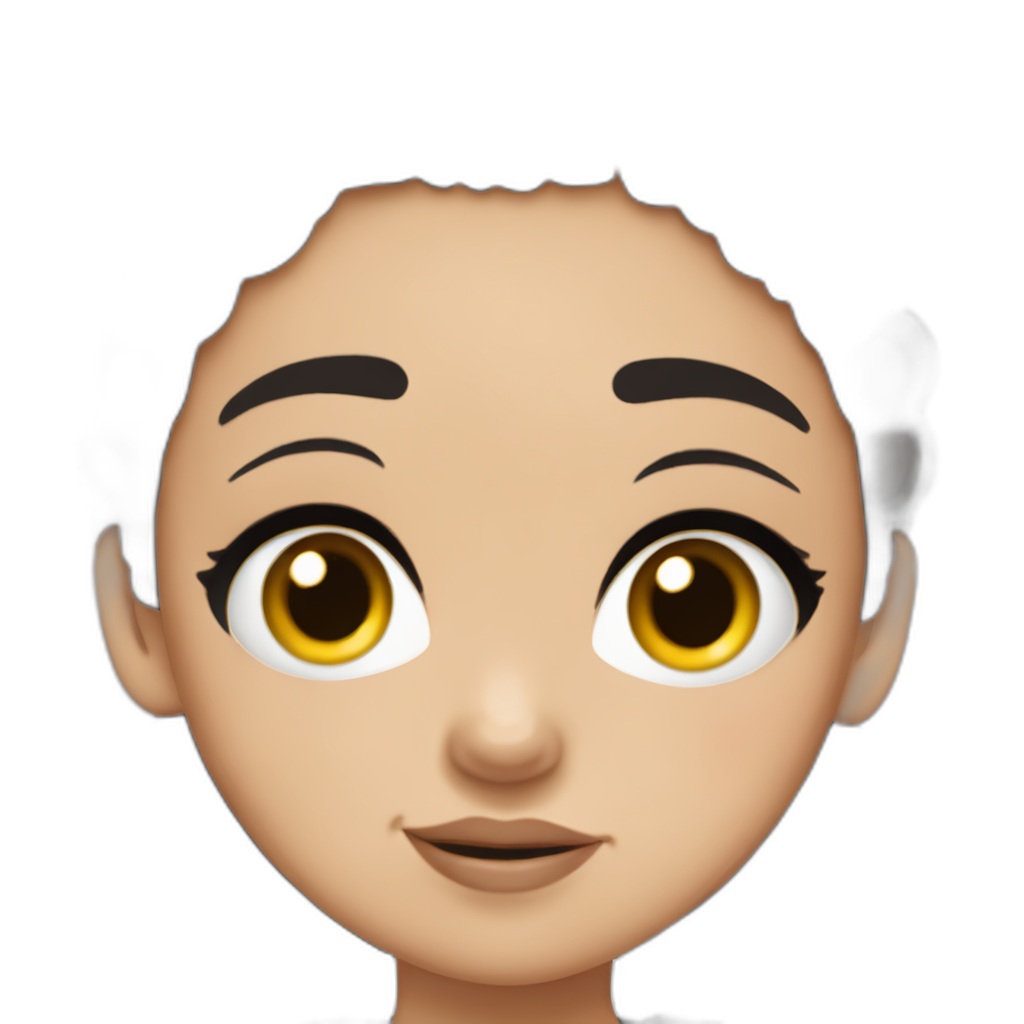 Cute girl with white skin, brown hair, brown eyes, thick black eyebrows looks like buttercup from powerpuff girls
