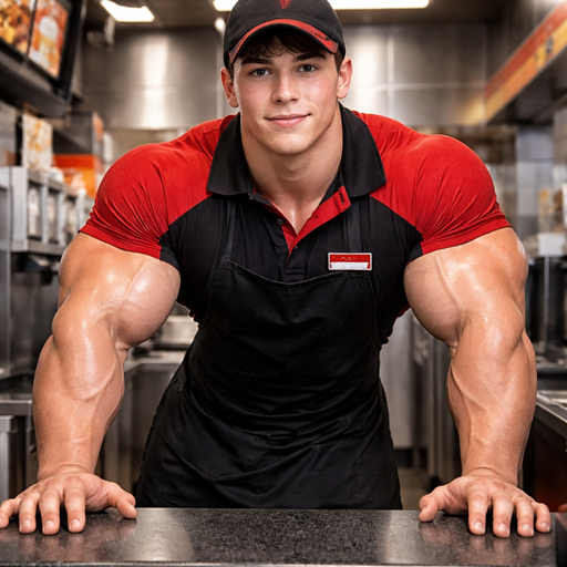 A Real life Full Body Image of a Incredibly Muscular American White skinned Teenager with a Basic and Round Facial Structure with Dark Brown hair and brown eyes and Arms and Pecs with a Tall Grotesque wrestler’s body. At the Cash Register leaning in a Worker Uniform and A Hat