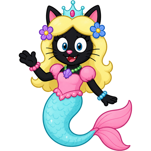 black cat furry with light yellow hair purple and blue flowers light cyan crown purple and green necklace pink and blue bracelets pink dress attached to long light cyan mermaid tail with pink tail fins based on princess mindy spongebob squarepants