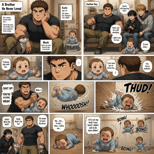 A DETAILED AND LIFELIKE LONG ANIME Comic Book story view of a Bulky but Muscular ANIME Cute Bara Man With Peach toned skin Who looks Normal aind round facial Structure and Basic facial structure With Puffy and Big Pecs that are visible through the shirt and Biceps and Bandaid on his nose and Brown short hair that makes them look tough. Wearing normal With his pet Grown and healthy realistic otter. And the infant baby has 2 friends and he’s tired of the baby brother and never loved his brother, he picks the little baby brother up by the arm and the baby brother fly’s into to the floor and cries but is to weak and the baby brother sits there laying flat on the floor embarrassed and Tries to talk back to his brother but flys up and down