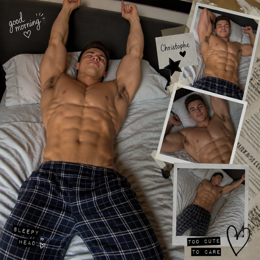 A Real life Full Body Image of Christophe with Chunky Arms and Pecs and Very Stocky Body with 8 Pack Abs and Short Brown Spikey hair. Wearing A Pajamas that is a little short around the waist. Stretching while laying in Bed with his arms pointing up