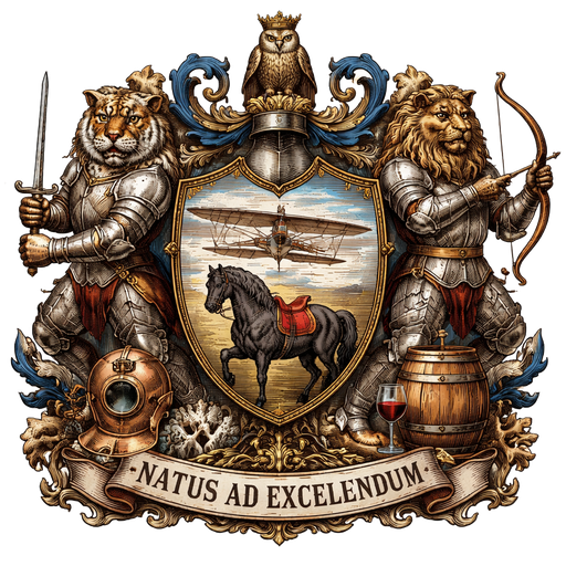 Create a medieval style coat of arms with the main elements of aviation (with the use of the original Wright flyer with no modern features added) and equestrian (with the use of a saddled black friesian horse). Secondary elements includes diving (with the use of a old style copper and brass diving helmet) and wooden barrel with a glass of wine and a glass of whiskey on it. Main components shall take up more space than secondary elements. Include an owl in the crest part of the coat of arms. Use an armoured tiger holding a sword representing the fencing element and an armoured lion holding a bow and arrow representing the archery element as the shield supporter. Include the latin phrase “natus ad excellendum” in all caps as the motto on the bottom banner using the font gothic script