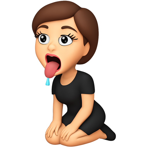 White woman, short brown hair, gray eyes, long thick lashes, kneeling, full lips with red lipstick, mouth open, tongue out, drooling, wearing black dress