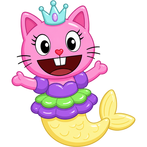 rubber pooltoy pink cat princess with light cyan crown purple and green rubber pooltoy dress rubber pooltoy long light yellow mermaid tail happy tree friends version