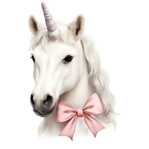 a beautiful white unicorn with a light pink bow around him an enchanted crowd with many fairies and stars
