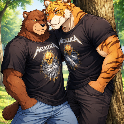 A Full BODY and FACE of a Buff and a Bara Furry Grizzly Bear with brown eyes with a wrestler type body. Wearing a Baggy Metallica Shirt. At the Park. With his Tiger Boyfriend who is as big and Buff as him wearing a Metallica shirt. Pinning him onto a Tree with the other hand in his Pocket.
