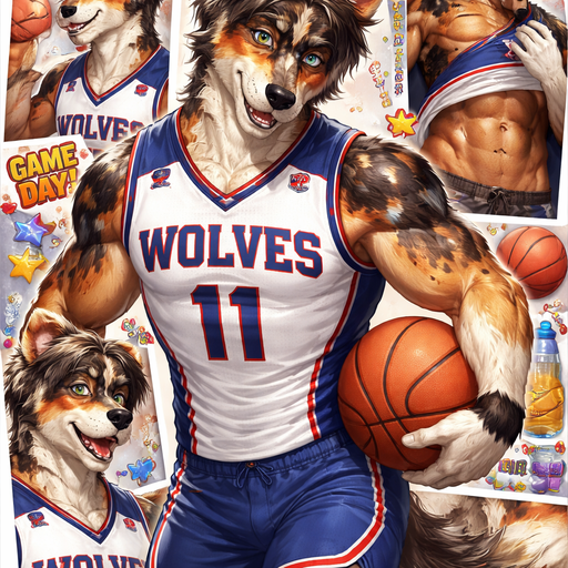 A Full Body and Facial Wallpaper of a Hunky and Chunky a Very Hot and Handsome German Shepard mixed with a Australian Shepard bara furry who is a Basketball College player and Extremely muscular but not to muscular and Extremely Masculine and Handsome and Ginormous Arms and a Rounded Pecs very Short Strait Hair but tall and a little bit lean. Wearing Tight Basketball Jersey blushing looking down at them drenched in sweat