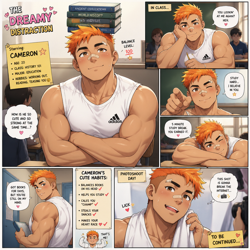 A Full page Anime Comic book story about of a masculine and Bulky ANIME Cute Bara Man American 20 year old with a ROUND and BASIC facial structure and TENAGE BARA CUTE MALE not to detailed With bigger than average Pecs that are visible through the shirt and Biceps and a big Bandaid on his nose and Left Cheek and Right Eye brow. Wearing a no piercings Baggy White sleeveless Adidas Athletic shirt and Short and Orange Hair and Brighter Yellow Hair Tips and Strait with brown eyes and black eyebrows. Sitting down with his head still and his eyes looking up at you with a Hot,Cute and Dreamy smile And Balances Books on his head and doing other cute and Hot stuff in classrooms and Licking his lips at a Photoshoot.