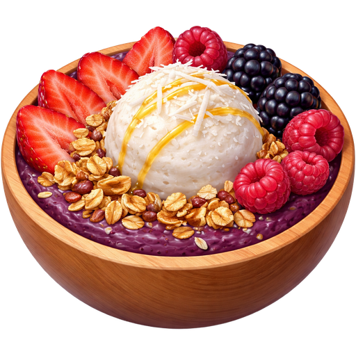 Açaí bowl with strawberries raspberries blackberries granola and a scoop of coconut sorbet coconut flakes and honey drizzle