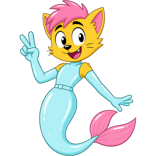 yellow boy cat furry with pink hair and light cyan very long rubber gloves light cyan dress tucked in light cyan mermaid tail with white highlights with pink tail fins (t.u.f.f puppy)