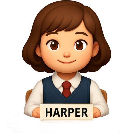 A white girl with Bob cut hair style and brown hair Thats curled at the end wearing a school uniform in school with a name tag on her desk that says Harper