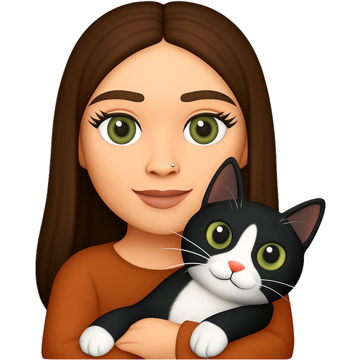 girl with long brown hair, middle part straight hair, skinny, hazel green eyes, LONG eyelashes, oval face, THIN eyebrows, medium lips, nose stud, hugging her short haired black and white tuxedo, with white around mouth and belly, with big green eyes, small cat