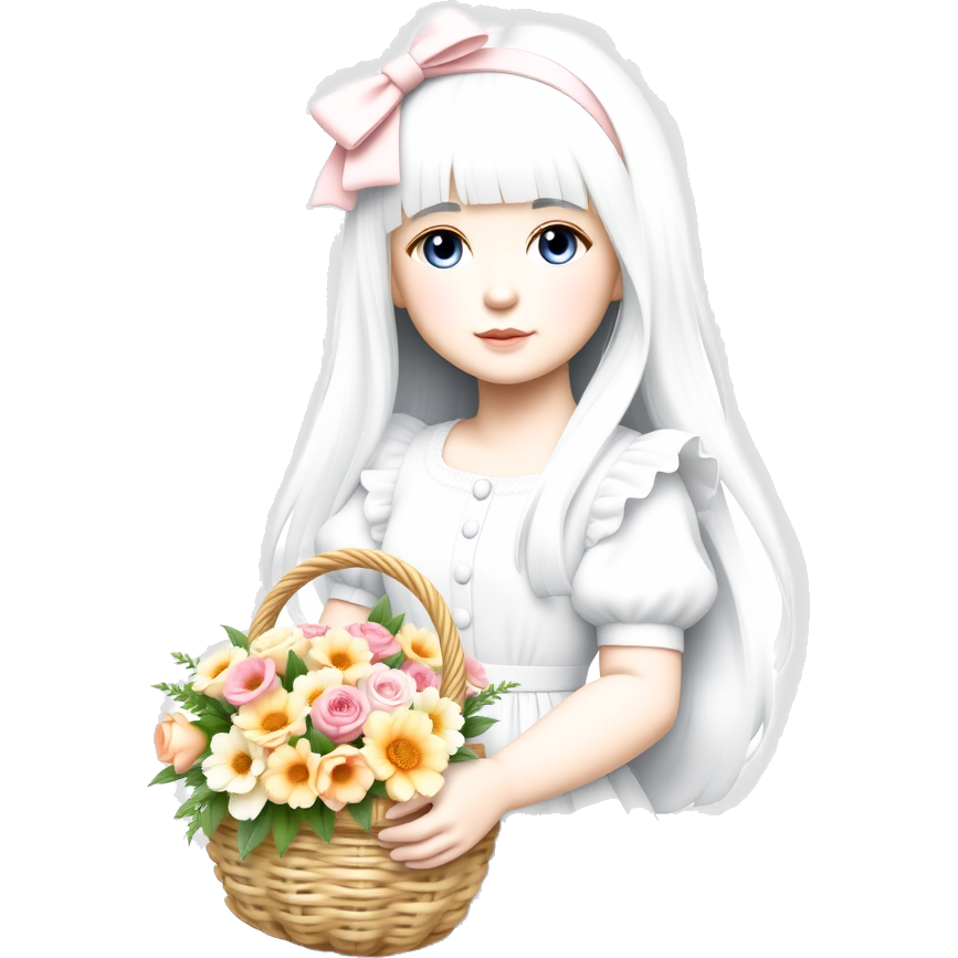 A white girl with long white hair and a bow on her head. She's wearing a white dress, holding a basket of flowers