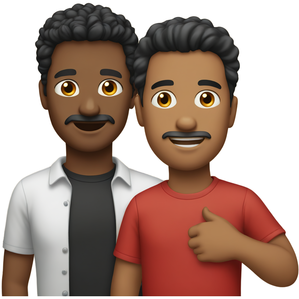 make a father and a son next to each other. both with black hair, the son in a red shirt and the father in a black shirt. they are white people. they are close each other