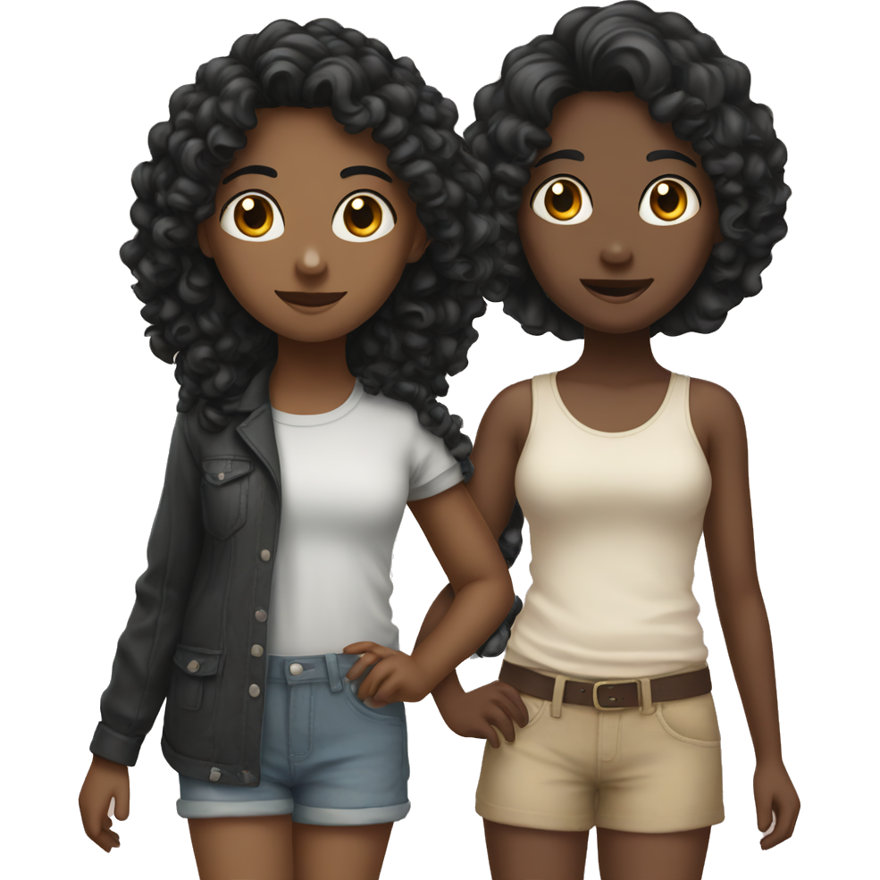 two girls standing next to each other. One girl has black skin and short black hair. The other girl is Indian and has long curly hair.