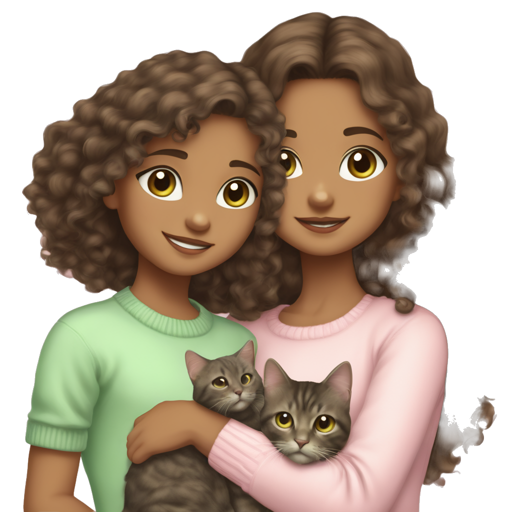 Dark Brown long loose curly hair light brown skin dark grey eyes young, holding one dark brown tabby cat with white muzzle chest and paws and yellowy green eyes The cat has a light pink bow on its ear, the girl wears a light pink sweater