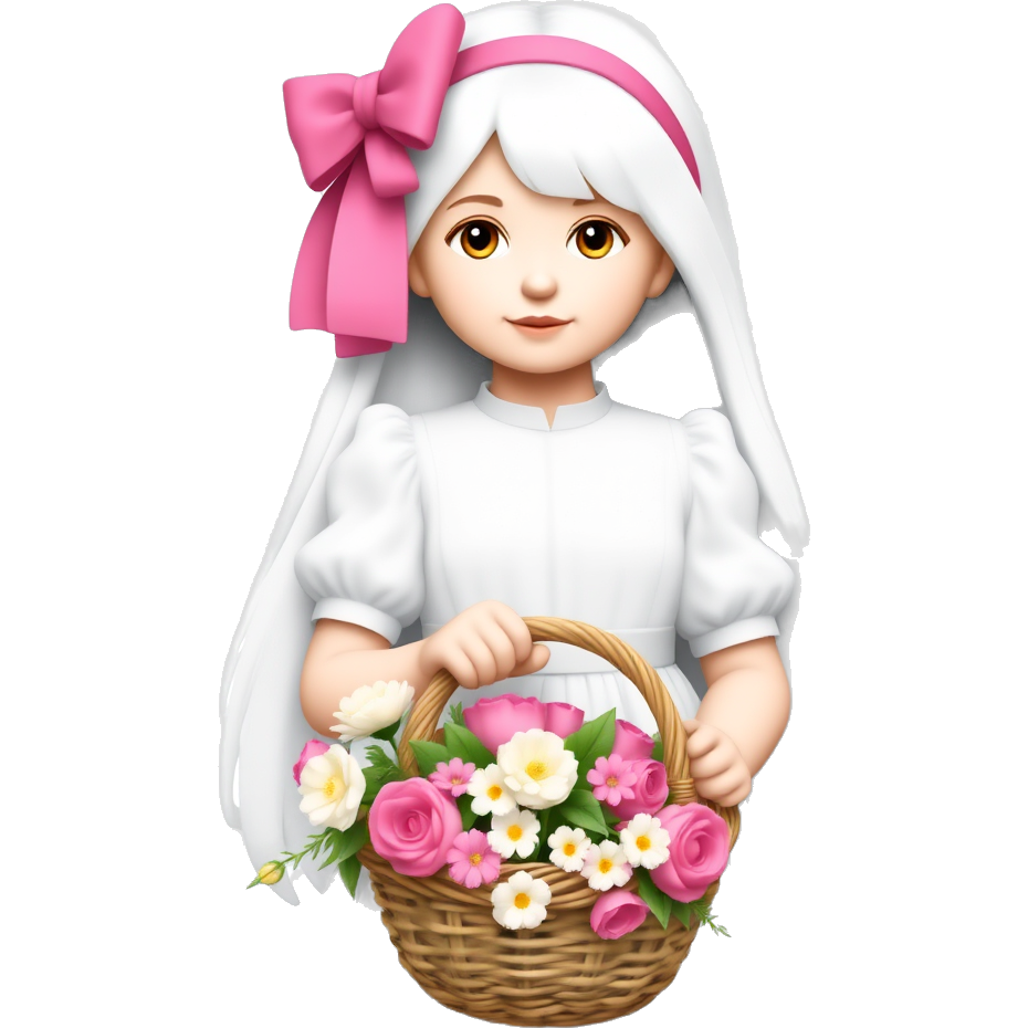 A white girl with long white hair and a bow on her head. She's wearing a white dress, holding a basket of flowers