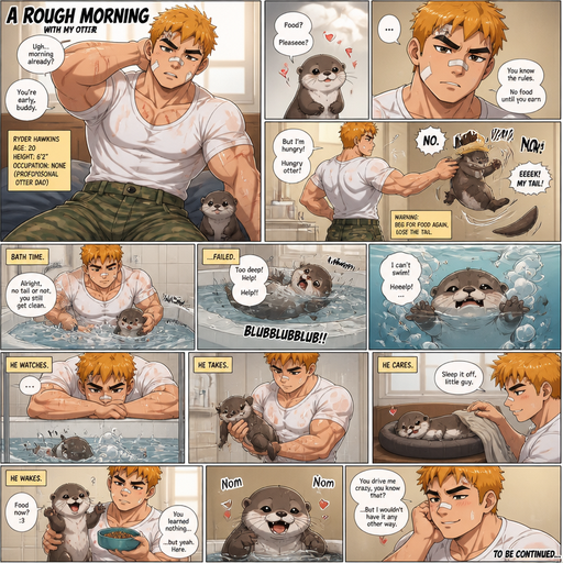A Full page Anime Comic book story about of a Bulky ANIME Cute Bara Man American 20 year old with a ROUND and BASIC facial structure and Young Adult BARA CUTE that is Peach Toned skin not anything else MALE not to detailed With bigger than average Pecs that are visible through the shirt and Biceps and a big Bandaid on his nose and Left Cheek and Right Eye brow with Scars all over his Chest and arms. Wearing a White baggy shirt and jeans that is tight around the waist and Baggy Camo Cargo pants drenched in sweat and Short and yellowish orange Hair and Bright Gold Fluffy Hair and Strait with brown eyes and black eyebrows with a Three finger Slash on his Eyebrow. With no Facial Hair. Waking up in the morning at the Home and his pet Baby CUTE Otter. Tries to ask for food again and gets looses his tail as a warning. And takes a bath without a tail. But fails and sinks. Asks for help while he Sinks but he watch’s him instead. And he takes him when he passes out and puts the otter on his doggy bed and he wakes up and a