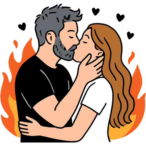 The boy mesomorph body type in black t-shirt kisses a girl in white tshirt, his straight hair is styled up messy with pepper salt hair color, he has full beard moustache pepper and salt hair color, girl has light brown very long wavy hair, they hold each other’s cheeks and neck and behind them there are fire and 5 small hearts