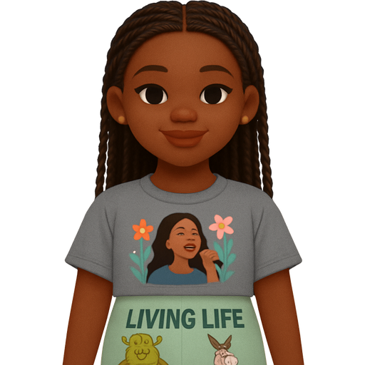 Black girl with braids with shirt that is grey with a singer on it, flowers on it and the words living life pants that have Shrek on it and donkey on it from the movie, Shrek and Christmas