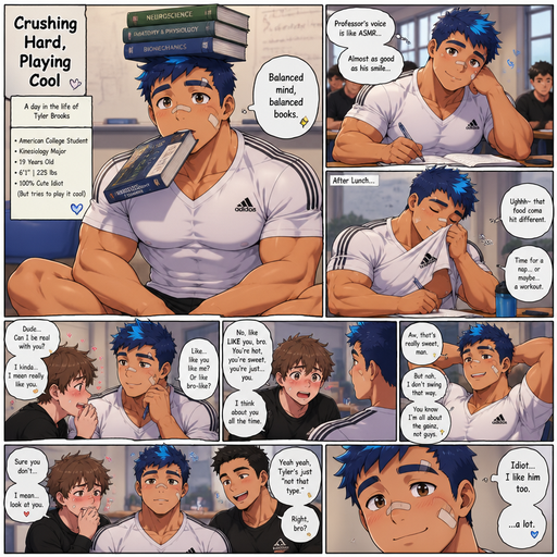 A Full page Anime Comic book story about of a masculine and Bulky ANIME Cute Bara Man American College Student with no Facial Hair. with a ROUND and BASIC facial structure and TENAGE BARA CUTE MALE not to detailed With bigger than average Pecs that are visible through the shirt and Biceps and a big Bandaid on his nose and Left Cheek and Right Eye brow. Wearing a no piercings Baggy White Adidas Athletic v-neck shirt and Short and Blue Hair and Bright Blue Waved Hair Tips and Strait with brown eyes and black eyebrows. Sitting down with his head still and his eyes looking up at you with a Hot, Cute and Dreamy smile And Balances Books on his head and In his mouth from a side angle. Doing other cute and Hot stuff in classrooms and wiping his face after lunch with his shirt. And Talking to his Friend who has a crush on him. And his friends and pretends to not have a crush on him even he though he does