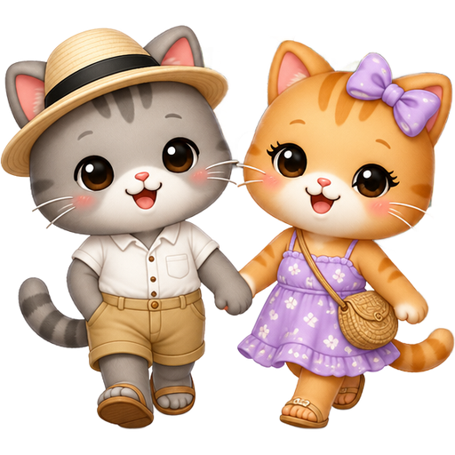 2 cute meows in summer wear taking a walk holding hands at historic part in Cartagena, Colombia 🇨🇴 , one is a boy is grey and is wearing khaki shorts and a hat, the other one is a girl is orange with long eyelashes and a lilac bow