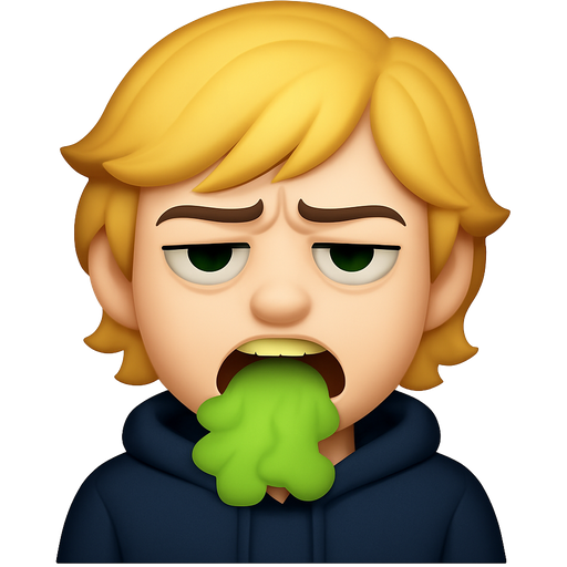 Emoji of boy with a blonde kinda long hair, puffy eyelids, dark green eyes, pale skin, yellow teeth, green gas coming out of his mouth, angry eyebrows, and a dark blue navy hoodie