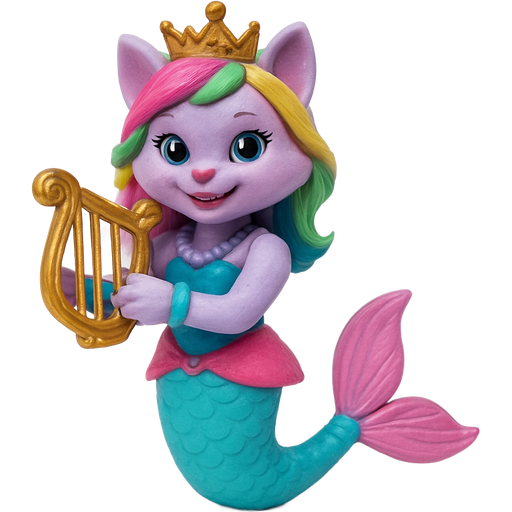 action figure version light purple anthro cat smiling with pink and green and yellow hair blue green eyes golden crown with light purple necklace light cyan braclets cyan and blue dress with pink skirt attached to long cyan mermaid tail with pink tail fins pink and cyan gloves holding a golden harp action figure version