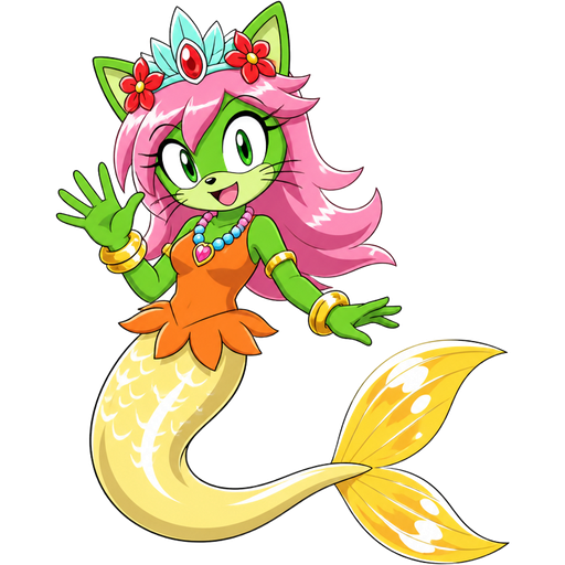 green cat with light pink hair red and flower light cyan crown pink and blue necklace golden and golden bracelets orange dress attached to long light yellow mermaid tail with white highlights with yellow tail fins with white highlights (sonic x anime)