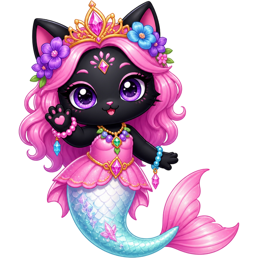black cat with pink hair purple and blue flowers golden crown purple and green necklace pink and blue bracelets pink dress attached to long light cyan and white mermaid tail with pink fins based on parlo from magic mixies mixlings crystal woods