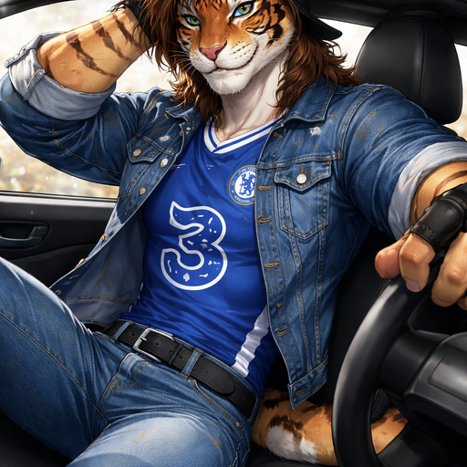 A Full Body Image of a Hot And Sexy Tiger Bara Furry who is a very Masculine and Handsome with Rounded and Wide Chest Strait Hair and Blue eyes. Wearing a Chelsea FC Jersey and a Backwards hat and Jeans. With a Jean Jacket over the jersey. Driving his Hand through his hair in a Car with the other hand on the Wheel