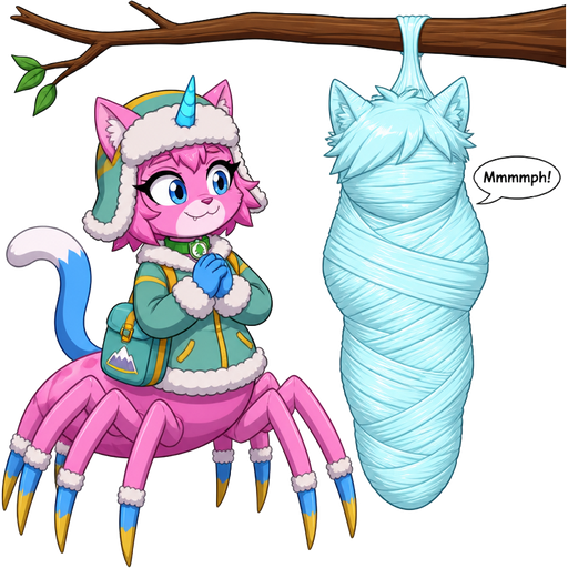 anthro girl pink cat drider with blue and white tail white wrists blue hands white ankles yellow tips on spider legs green collar blue unicorn horn wearing everest's hat clothing with backpack on left side next to wrapped up and mummified fully covered in a #B8FFFF spider slik cocoon shaped like furry cat boy kid anthro arms behind back with #B8FFFF spider slik wrappings completely covered with thick layers non-transparent #B8FFFF spider slik wrappings Mmmmph! hanged to the branch