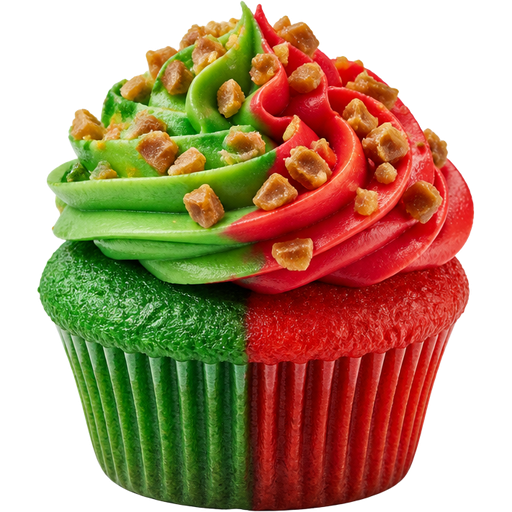 Holiday Toffee Crunch Cupcake and the Cupcake is Half Green and Half Red with Green and Red Cherry Swirled Buttercream Frosting with Toffee on Top