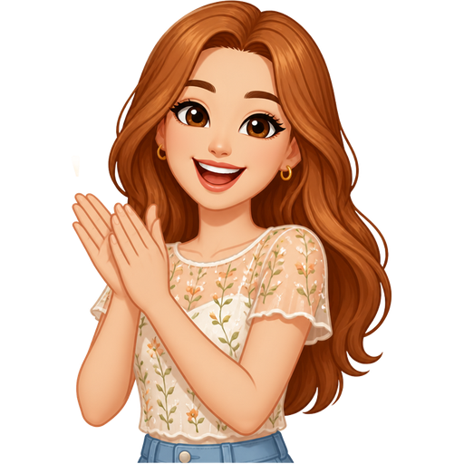 light skin woman with long copper brown hair wearing a summer illusion top short sleeves clapping with her hands