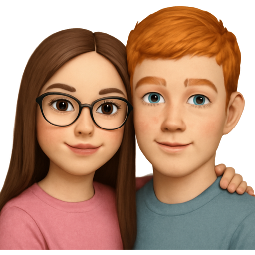 One girl that is a long haired girl brunett with brown eyes and glasses and wearing a pink shirt and light skin colors and one boy that is ginger with light blue eyes and a light skin color holding each other both have bigger lips and chill eyes and the girl have love eye lashes