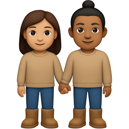 Make a girl with little longer than shoulder length hair hold hands with her Indian boyfriend he has black hair and the girl has light to dark brown hair and they have matching outfits for couples the girl is a waisan girl they have matching Uggs also and the boyfriend is taller than the girl and he has a bun on the top of his head they are holding hands