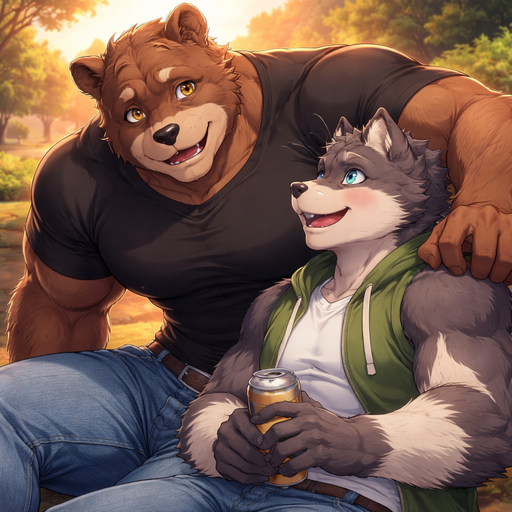 A Full BODY and FACE of a Buff and a Bara Furry Grizzly Bear with brown eyes with a wrestler type body. Wearing a Black Shirt and Jeans. Talking to his Boyfriend. Laying next to him at the Par. Leaning over