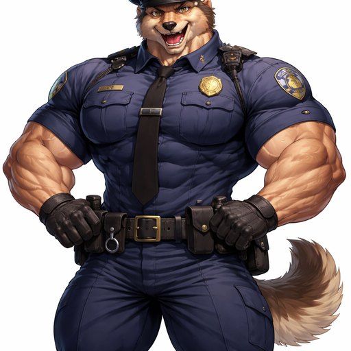 A Full Body and Face Image of an Incredibly Muscular Bara Furry Dog Police Officer with a Basic and Round Big Pecs with a Grotesque and Huge wrestler’s body. dressed in a Police Uniform
