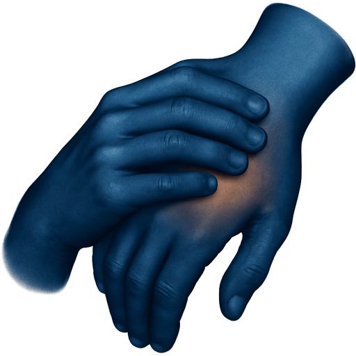 dark blue hand (suffering) gently touches another identical dark blue hand. A terracotta glow appears at the point of contact. Beige background. Symbolizes self-compassion