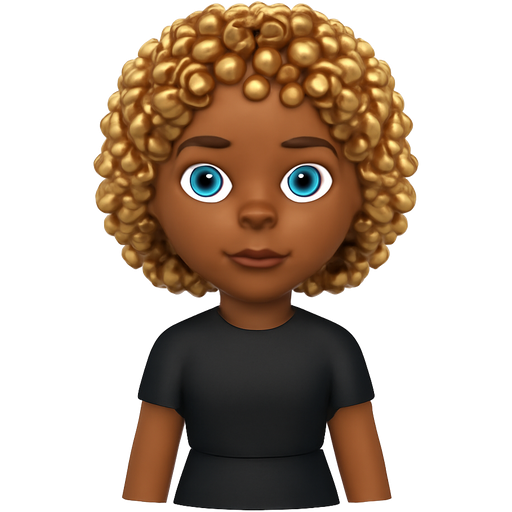 Black top and skirt girl with medium brown skin tone with really curly blonde hair and brown highlights and blue eyes