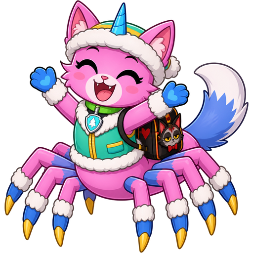 happy anthro furry pink cat drider with blue and white tail white wrists blue hands white ankles yellow tips on spider legs green collar blue unicorn horn based on unikitty wearing everest's hat and clothing with backpack based on husk (hazbin hotel)
