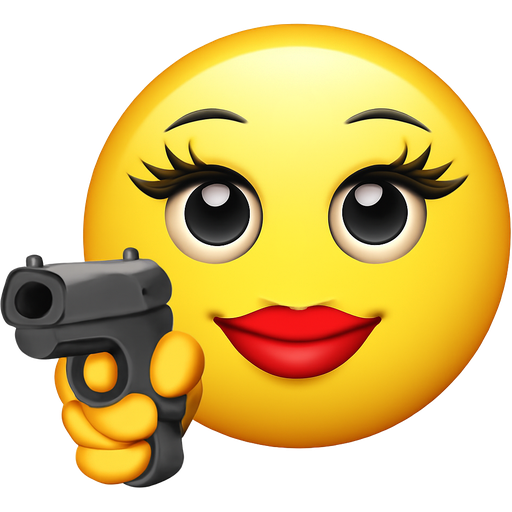 Yellow emoji with gray eyes, long thick eyelashes, smiling with red lipstick, pointing gun straight forward