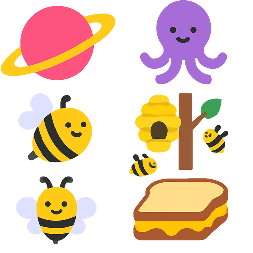 Pink and Yellow Alien Planet 3, Purple Octopus, Yellow Bees 5, Beehives Bees Honey Tree, Yellow Bees 2, and Honey Sandwich