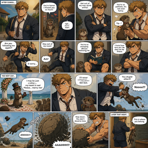 A Lifelike and Detailed Comic book story about of a Bulky and Beefy and every Muscle is bigger than average and less shredded or muscular with Chunky and Bulky chest and Biceps and his defined abs ANIME Cute Bara Man American 20 year old with a ROUND and BASIC facial structure and Young Adult BARA CUTE that is Peach Toned skin not anything else MALE not to detailed With bigger than average Pecs that are visible through the shirt and Biceps but slim and Athletic Lower body that makes have a V-Tapper Lower Body and a big Bandaid on his nose and Left Cheek and Right Eye brow with Scars all over his Chest and arms. Wearing a no piercings Wearing a baggy School Uniform and tie with Blazar and Pants and yellowish Brown Hair and Bright Light Brown fluffy Hair and Strait with brown eyes and black eyebrows with a Three finger Slash on his Eyebrow. With no Facial Hair. Coming home from School with his Pet Otter that has a Collar and has a Huge Crush on him but he doesn’t like the otter back, at his house waiting at the door and excessively Bullies it all day. And he the otter always gets disciples. And the otter one day dressed up really nice and with a top hat on creates a huge ceremony at the beach to marry him and he says no and the otter is throw at rock and a bolder falls and he pushes the rock down more and he looses his tail. And then goes home with the otter and the otter goes into his cage