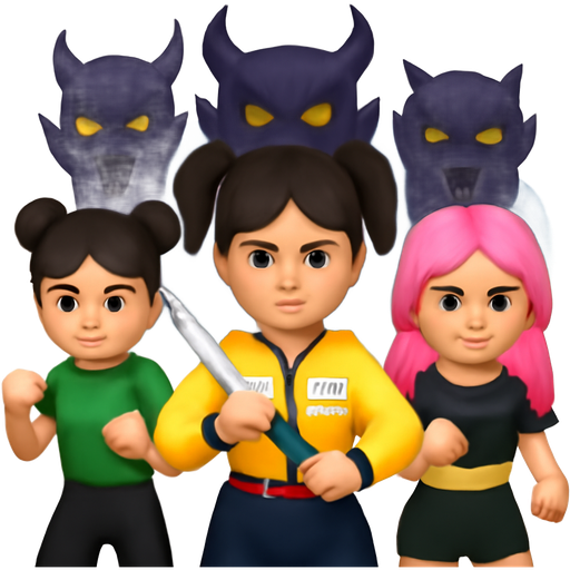 Give me a girl fighting demons with a yellow jacket with a name tag saying rrrrrumi with some black shorts and red belt and two sidekicks with black side buns and a green shirt with black leggings and a girl with pink hair let down with two pigtails and a black cropped shirt and black shorts