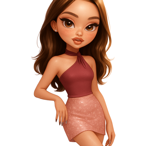 sleek cartoon luxury glam, mini plush Bratz-doll aesthetic, cinematic glow, crisp clean detail, glossy glam skin. brown eyed skinny Petite girl, fair skin with soft freckles, wide face with tall forehead, honey-brown almond wide-set upturned eyes, fluttery lashes, shimmer highlight, plush lips, bottom heavy lip, sweet Belle-princess vibe, medium-long brunette hair with visible caramel highlights, hair sleek and wavy. softly defined feminine body, soft hourglass shape with full round bust, muted berry one sided asymmetrical neck top with connected neck wrap tie, blush pink mini sequin skirt, gold strap metallic pointy stilettos. peachy-pink blush with shimmer highlight, muted berry lips, sleek muted berry almond nails. leaning bent elbow on wall, one knee slightly bent pose. Cozy romantic glow, soft warm lighting, pop-princess energy