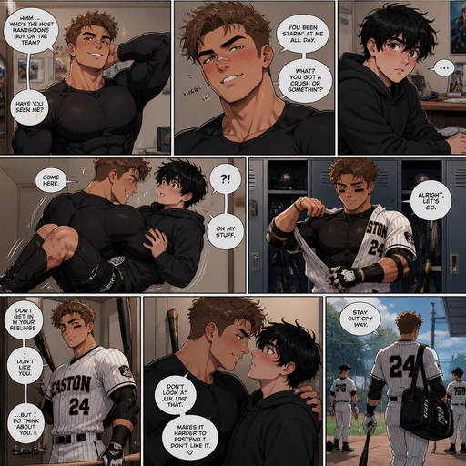 A Comic anime Book view of a Bulky and Muscular but more Muscle ANIME CUTE Bara Teenager Who looks Normal and American with a Basic facial structure With PUFFY and BIG Pecs that are visible through the shirt and Biceps with a cut on his nose and thinks he’s so Handsome. Wearing a Baseball Jersey tied around his waist and a baggy black long sleeved dry fit shirt on. Questioning his male crush while his crush watches him and blushing when he sees him and he licks his teeth. With No chains or necklaces. And Picks him up and mives him saying the on my stuff and He puts on his baseball jersey equipment and Gear and Goes outside and says stay out of my way. And He acts like he knows he likes him and doesn’t like him back, but still flirts with him.